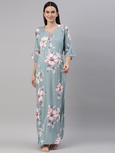 

GOLDSTROMS Mint Green & Pink Floral Printed Maxi Nightdress, Sea green