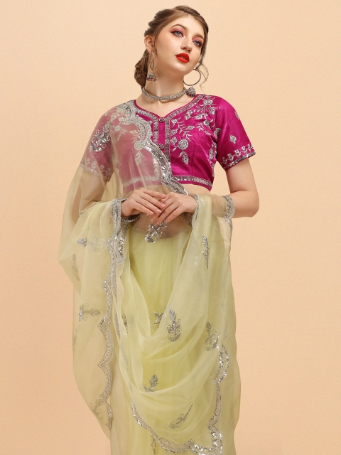 

Sangria Yellow & Silver-Toned Batik Sequinned Organza Saree