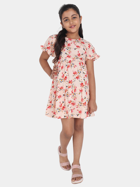 

YK Peach-Coloured Floral Crepe A-Line Dress