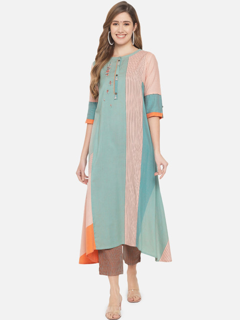 

Jansi Women Blue Colourblocked Panelled Thread Work Kurta with Trousers