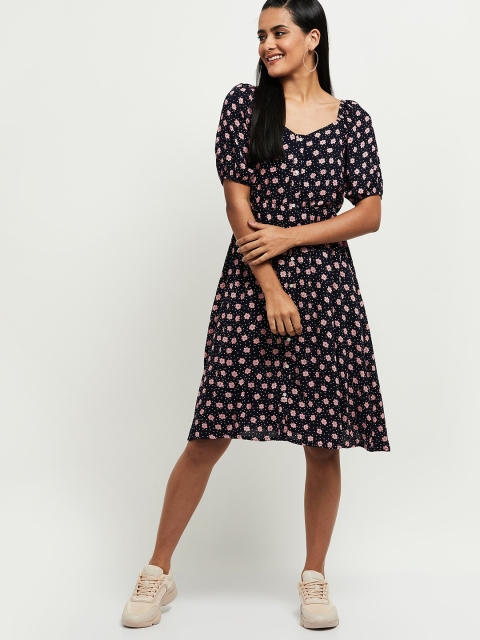 

max Women Navy Blue & Pink Floral Print Dress