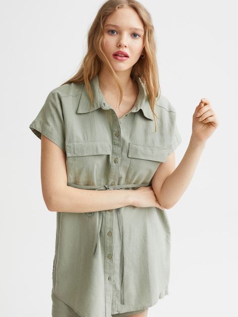 

H&M MAMA Green Short-Sleeved Linen-Blend Shirt