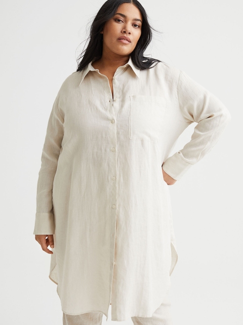 

H&M Women Beige Solid Long Linen Shirt