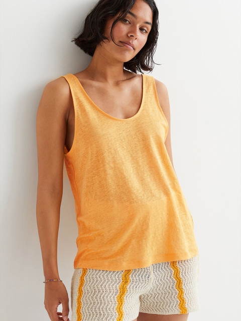 

H&M Yellow Solid Linen Jersey Vest Tank Top
