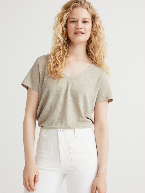 

H&M Women Green Linen Jersey Top
