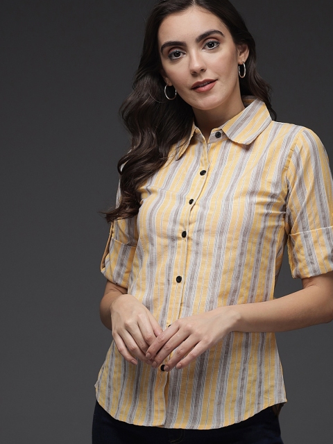 

Darzi Women Yellow Comfort Vertical Striped Casual Shirt