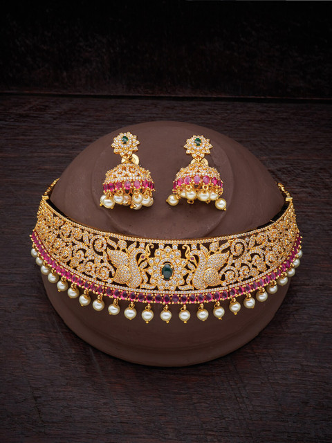 

Kushal's Fashion Jewellery Red & Green Gold-Plated Choker Necklace Set
