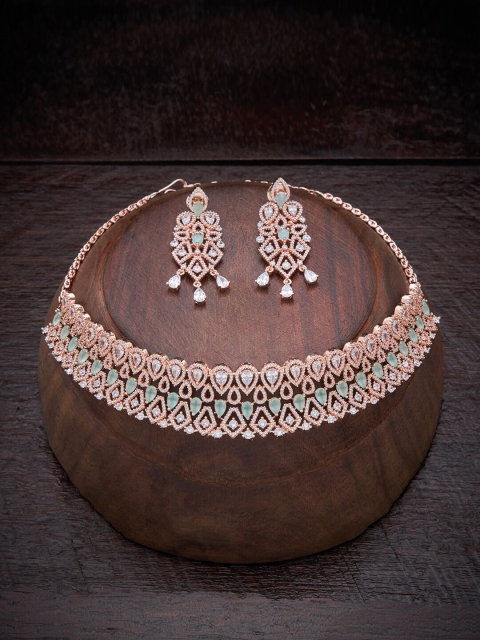 

Kushal's Fashion Jewellery Sea Green Rose Gold-Plated Choker Necklace Set