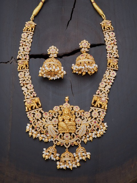 

Kushal's Fashion Jewellery Red & White Gold-Plated Temple Jewellery Set
