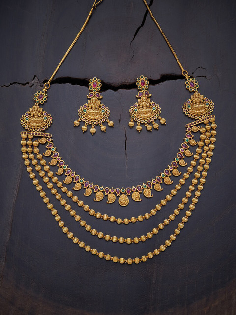

Kushal's Fashion Jewellery Red & Green Gold-Plated Antique Necklace Set