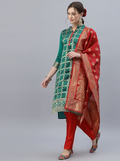 

Satrani Green & Red Woven Design Unstitched Dress Material