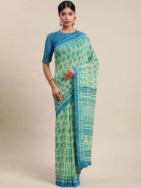

Mitera Green & Blue Ethnic Motifs Print Saree