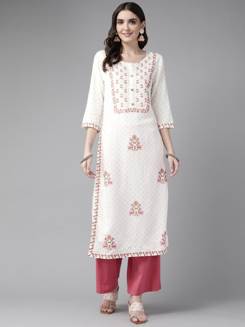 

Yufta Women White & Pink Ethnic Motifs Print Straight Kurta