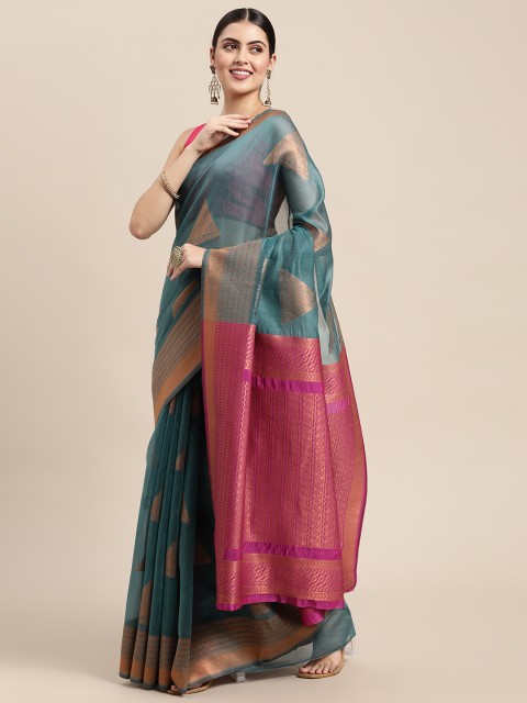 

Saree Swarg Blue & Pink Woven Design Silk Blend Banarasi Saree with Blouse