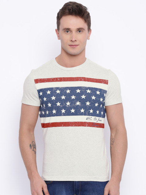 

U.S. Polo Assn. Denim Co. Men Grey Melange Printed Pure Cotton T-shirt