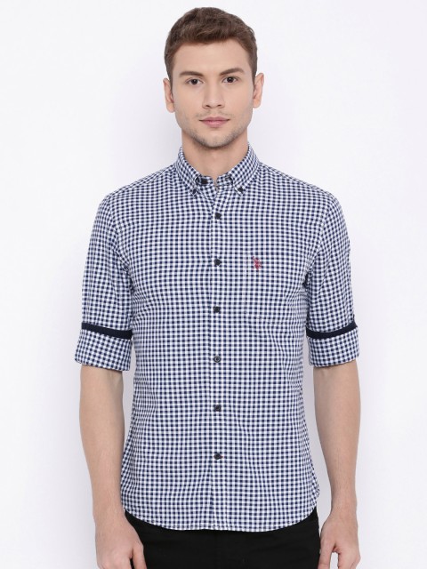 

U.S. Polo Assn. Men Blue & White Tailored Fit Checked Casual Shirt