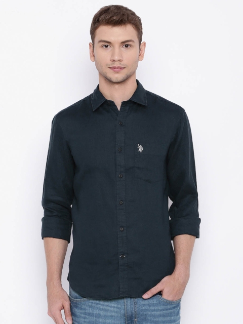 

U.S. Polo Assn. Men Navy Tailored Fit Solid Casual Shirt, Navy blue