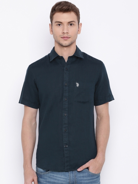 

U.S. Polo Assn. Men Navy Blue Tailored Fit Linen Casual Shirt