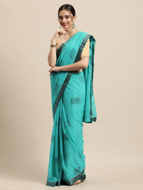 

Triveni Green Floral Printed Beads and Stones Pure Chiffon Saree