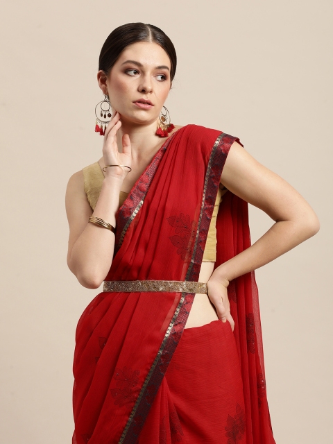 

Triveni Red Floral Beads and Stones Pure Chiffon Saree