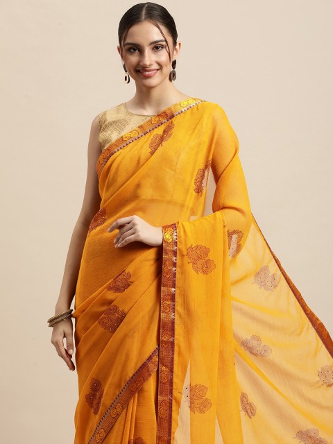 

Triveni Mustard Yellow Floral Printed Beads and Stones Pure Chiffon Saree