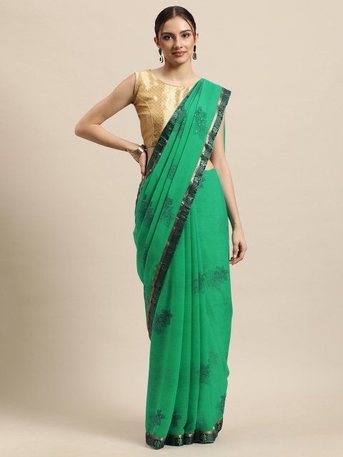 

Triveni Green Floral Printed Beads and Stones Pure Chiffon Saree