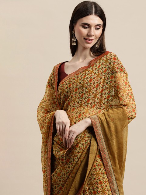 

Triveni Cream-Coloured & Maroon Floral Pure Chiffon Saree