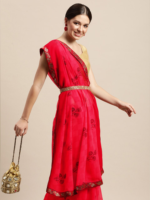 

Triveni Pink Floral Printed Beads and Stones Pure Georgette Saree
