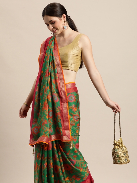 

Triveni Green & Red Floral Printed Brasso Saree