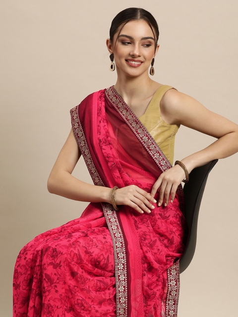 

Triveni Maroon & Pink Floral Printed Beads and Stones Pure Chiffon Saree