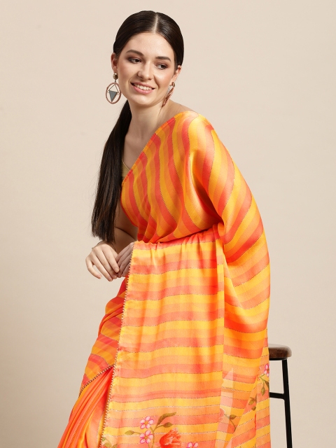 

Triveni Yellow & Orange Striped Zari Leheriya Saree