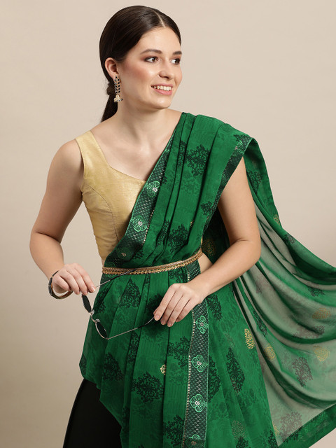 

Triveni Green Ethnic Motifs Printed Zari Pure Georgette Saree