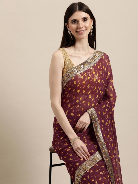 

Triveni Maroon & Yellow Floral Pure Georgette Saree