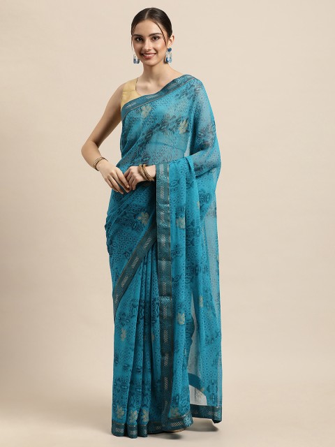

Triveni Blue Floral Printed Zari Pure Georgette Saree