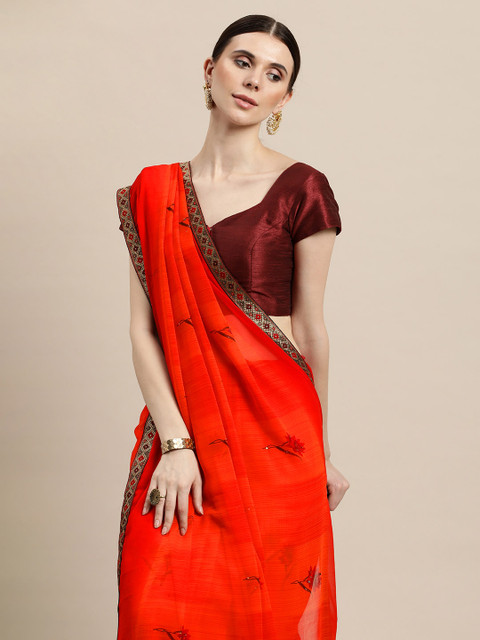 

Triveni Orange & Red Floral Beads and Stones Pure Georgette Saree