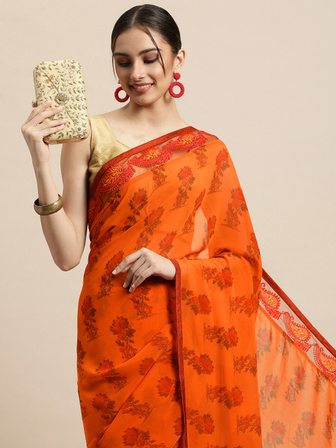 

Triveni Orange Floral Embroidered Pure Georgette Saree