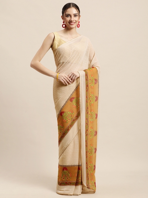 

Triveni Cream-Coloured Woven Design Zari Pure Georgette Saree