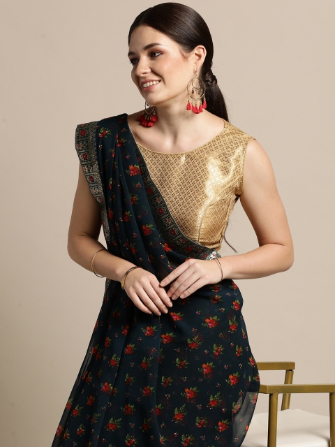 

Triveni Navy Blue & Green Floral Printed Pure Georgette Saree