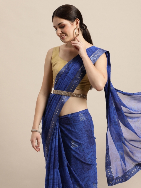 

Triveni Navy Blue Floral Printed Zari Pure Georgette Saree