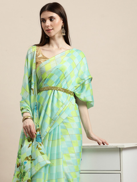 

Triveni Green & Yellow Checked Print Saree
