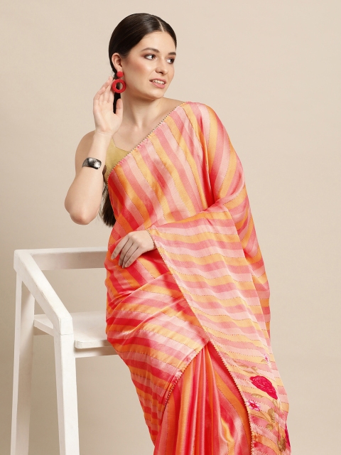

Triveni Peach-Coloured Striped Zari Leheriya Saree