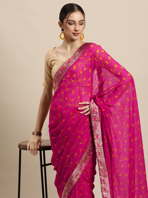 

Triveni Pink Floral Zari Pure Georgette Saree