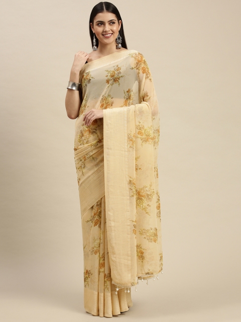 

Triveni Yellow & Green Floral Printed Beads and Stones Embellished Pure Georgette Saree
