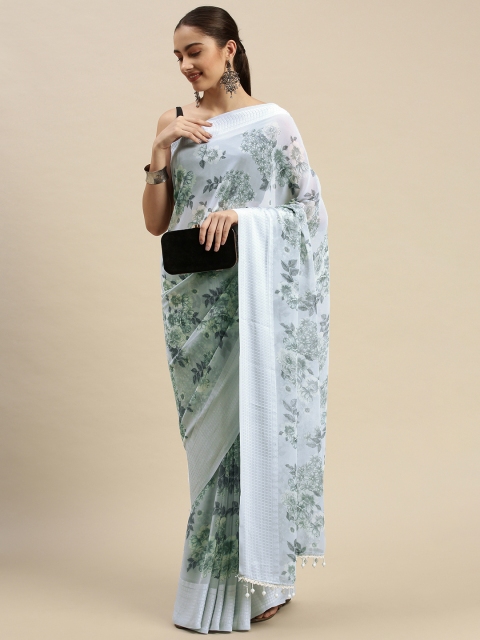 

Triveni Grey & Off White Floral Printed Beads and Stones Embellished Pure Georgette Saree