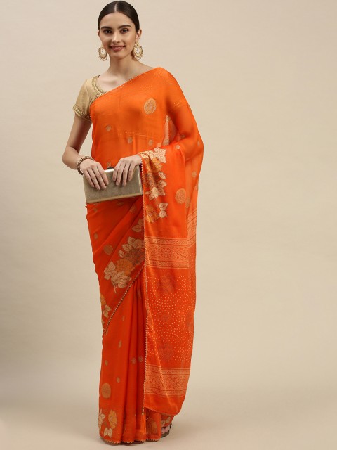 

Triveni Orange Floral Zari Pure Chiffon Saree