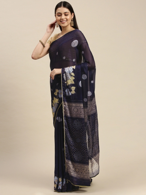 

Triveni Navy Blue & Green Floral Print Zari Pure Chiffon Saree