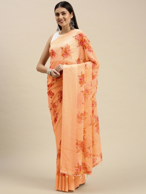 

Triveni Cream-Coloured & Orange Floral Print Beads and Stones Pure Georgette Saree
