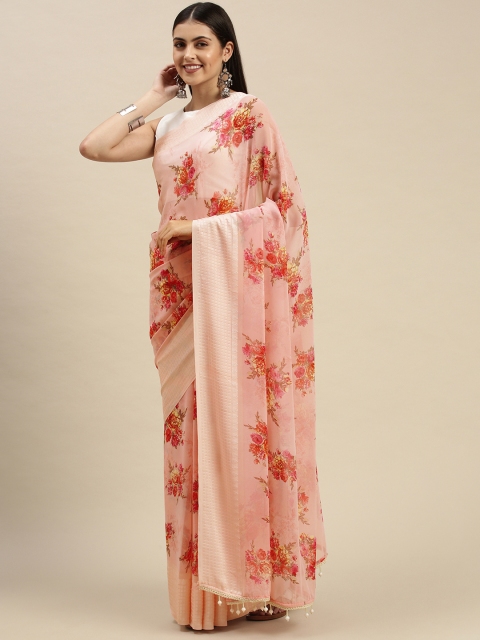 

Triveni Peach-Coloured & Yellow Floral Print Beads and Stones Embellished Georgette Saree