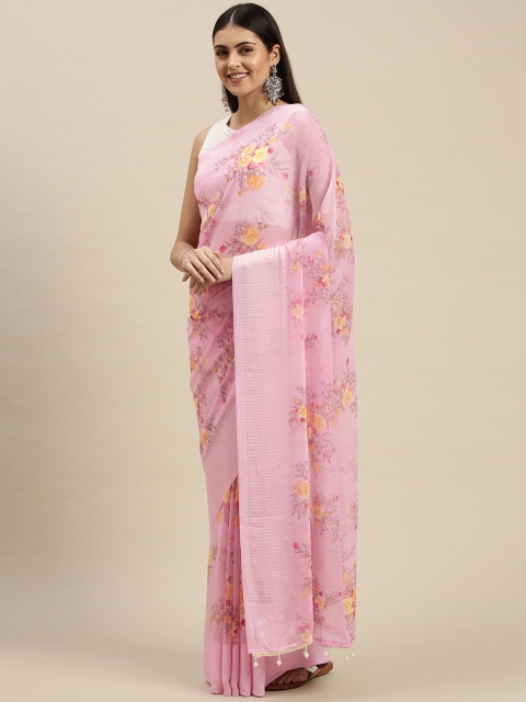 

Triveni Pink & Yellow Floral Print Beads and Stones Embellished Pure Georgette Saree