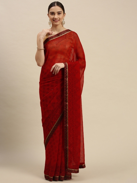 

Triveni Red Floral Printed Beads and Stones Embellished Pure Chiffon Saree